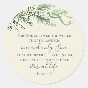 John 3:16 Hand Drawn Greenery Christian Christmas Classic Round Sticker