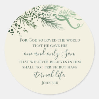 John 3:16 Hand Drawn Greenery Christian Christmas Classic Round Sticker