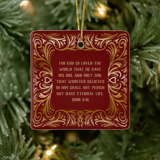 John 3:16 Inspirational Scripture Red Christmas  Ceramic Ornament (Tree)