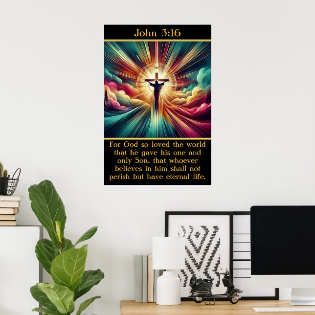 John 3:16 Jesus in radiant light and clouds Poster (Home Office)