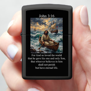 John 3:16 Jesus Rowing Wooden Boat Stormy Sea Zippo Lighter