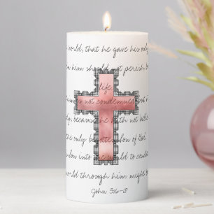 John 3:16 KJV Watercolor Pink Cross Pillar Candle