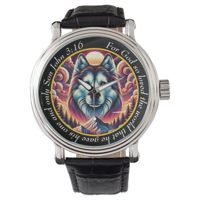 John 3:16 Lone Wolf Timepiece Mountain Faith Watch (Front)
