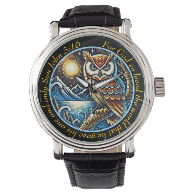 John 3:16 Majestic Owl Timepiece Nature Faith Watch (Front)