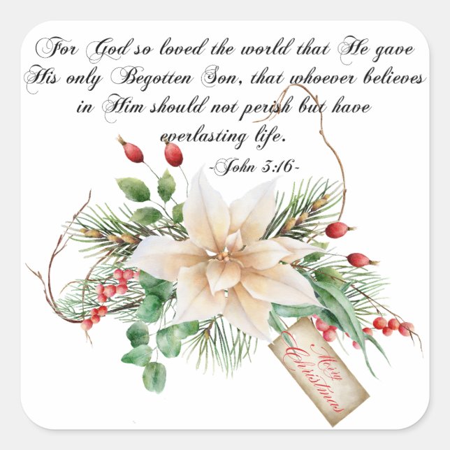 John 3:16 - Merry Christmas Scripture Floral Square Sticker (Front)