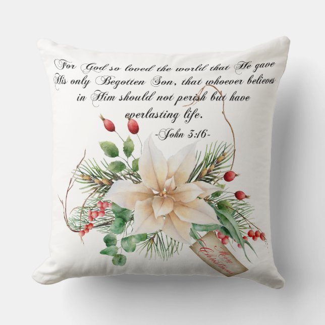 John 3:16 - Merry Christmas Scripture Floral Throw Pillow (Front)