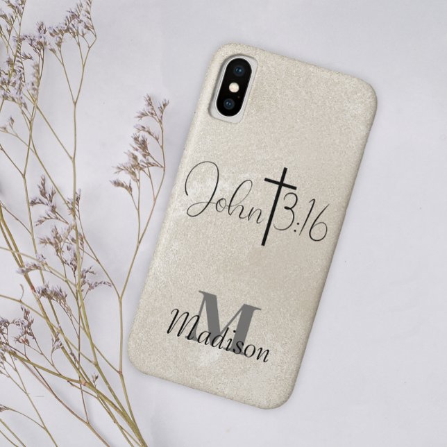 John 3:16 Pearl Background Monogram Add Name Case-Mate iPhone Case (Creator Uploaded)