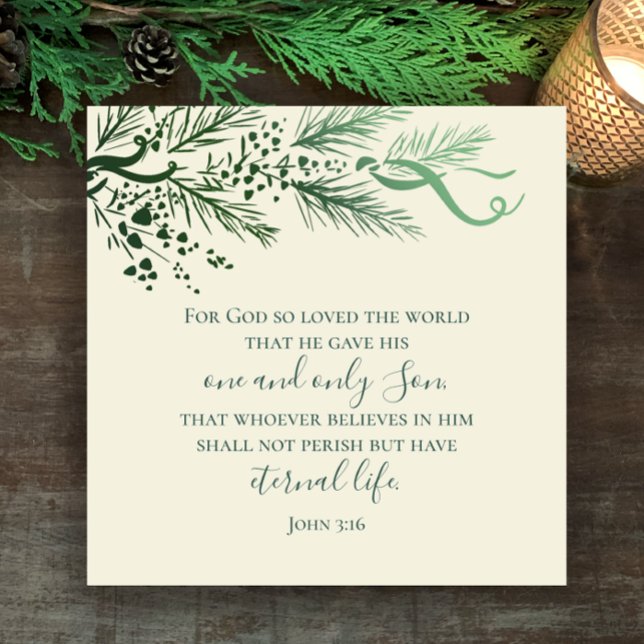 John 3:16 Personalized Christian Modern Christmas Holiday Card (John 3:16 elegant hand drawn pine greenery Christmas holiday greeting card. Personalize back script.)