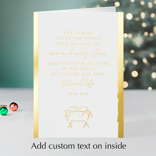John 3:16 Personalized Elegant Christmas Gold Foil Holiday Card (Personalize the inside of this Christmas card template. Gold foil nativity John 3:16 scripture card.)