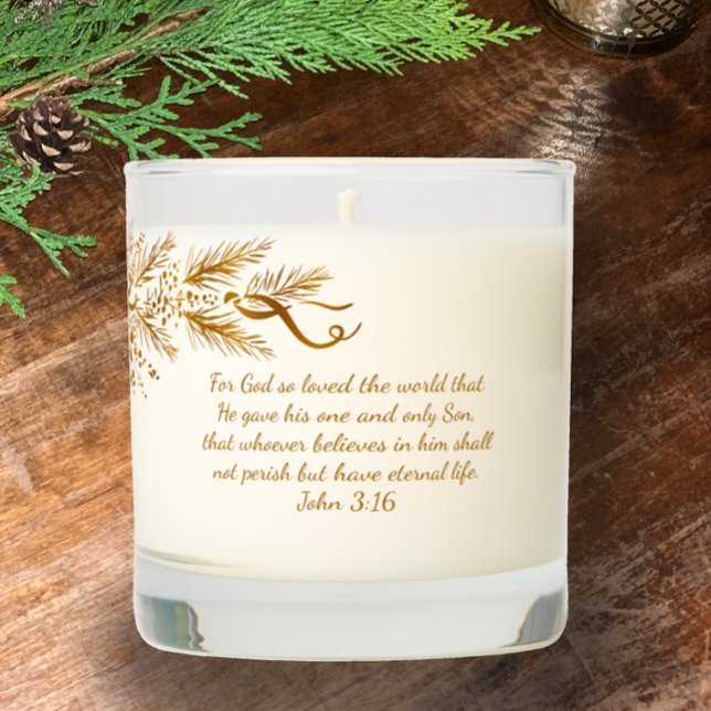 John 3:16 Personalized Scripture Christmas Gift  Scented Candle (John 3:16 Inspirational Bible Scripture stylish golden pine Christmas Candle, personalize back. )