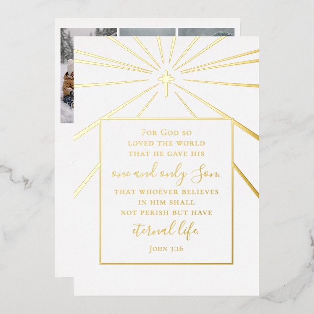 John 3:16 Scripture Christmas Photo Gold   Foil Holiday Card (Front/Back)