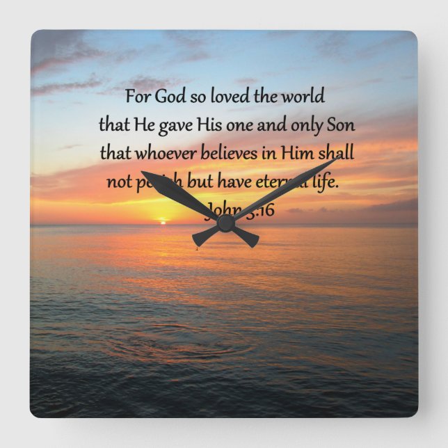 JOHN 3:16 SUNRISE OVER THE OCEAN PHOTO SQUARE WALL CLOCK (Front)