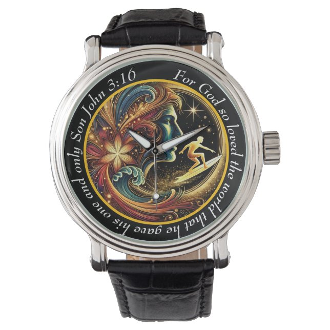 John 3:16 Surfer Timepiece Ocean Journey Faith Watch (Front)
