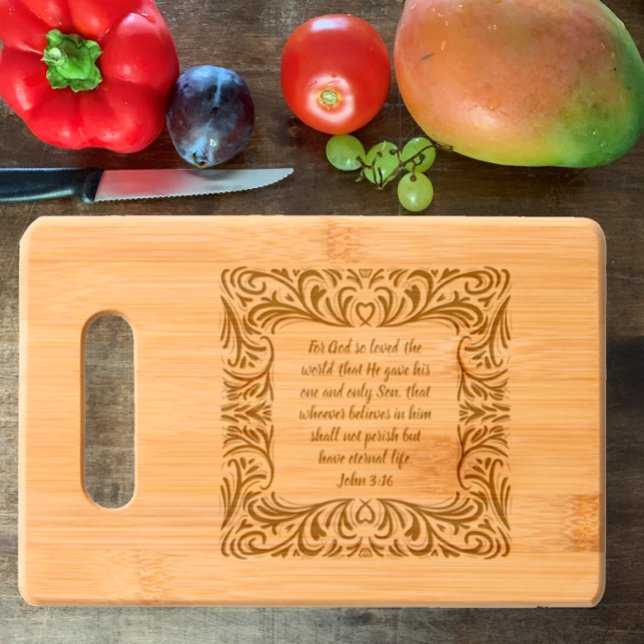 John 3:16 Unique Elegant Christian Scripture  Engraved Cutting Board (John 3:16 Custom text Inspirational Christian Bible Verse. Original art elegant etched wood gift.)
