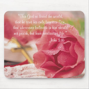 John 3:16 Version - Gold Cross & Pink Rose Mouse Pad