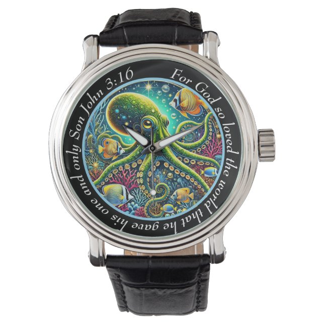 John 3:16 Vibrant Octopus Timepiece Sea Faith Watch (Front)