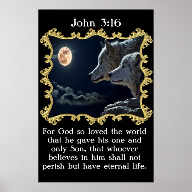 John 3:16 Wolves looking into the full moon. Poster (Front)