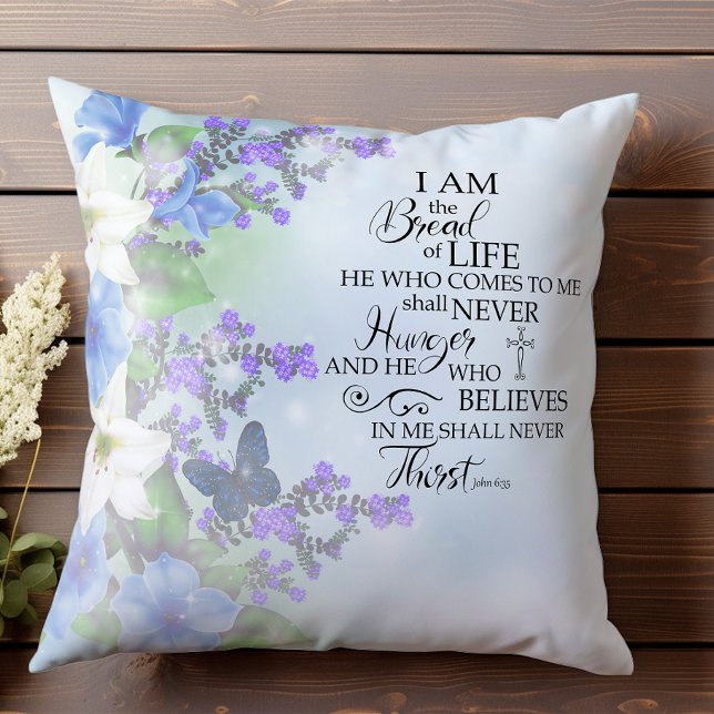 John 635 Bread of Life blue floral Inspirational Throw Pillow (Creator Uploaded)