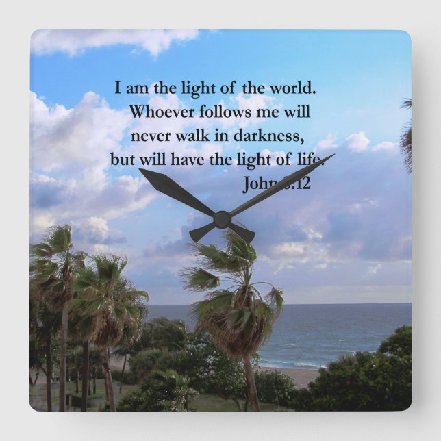 JOHN 8:12 PALM TREE AND OCEAN PHOTO  DESIGN SQUARE WALL CLOCK (Front)