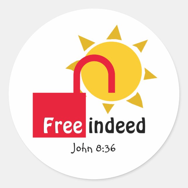 John 8:36 FREE INDEED Customizable Christian RED Classic Round Sticker (Front)