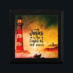 John 8 Jesus is the Light of the World Lighthouse Gift Box<br><div class="desc">Christian inspirational quote scripture gift box depicts a foggy night ocean watercolor painting including a boat and a red and white lighthouse with the light shining in the dark. It features Bible Verse John 8:12,  "Jesus is the light of the world."</div>