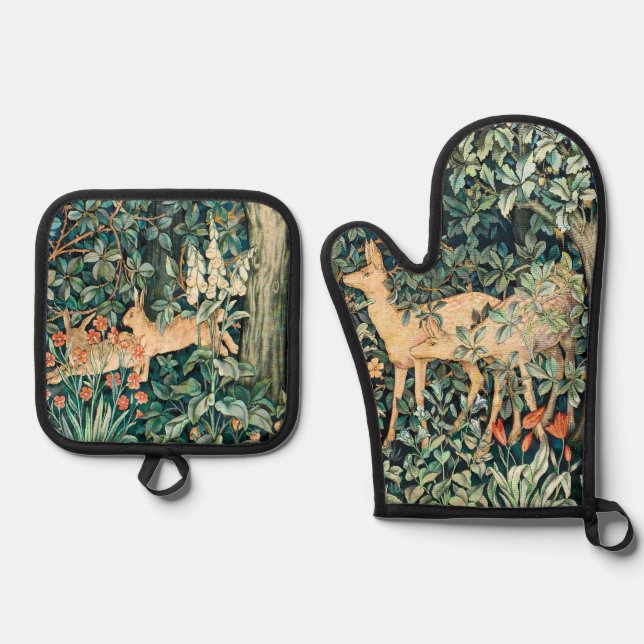 John Dearle "Greenery" Deer & Rabbit Pattern Oven Mitt & Pot Holder Set (Front)
