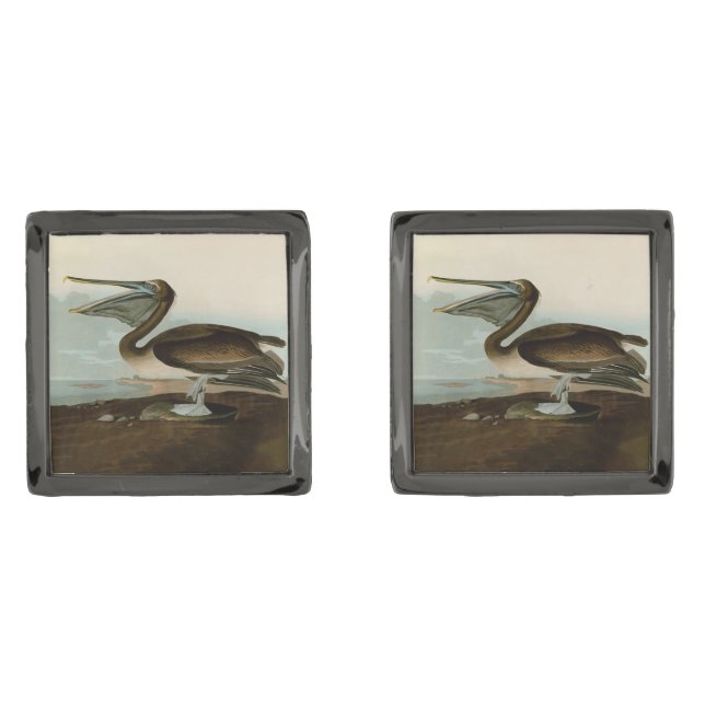 John James Audubon Brown Pelican Artwork Painting Cufflinks (Front)