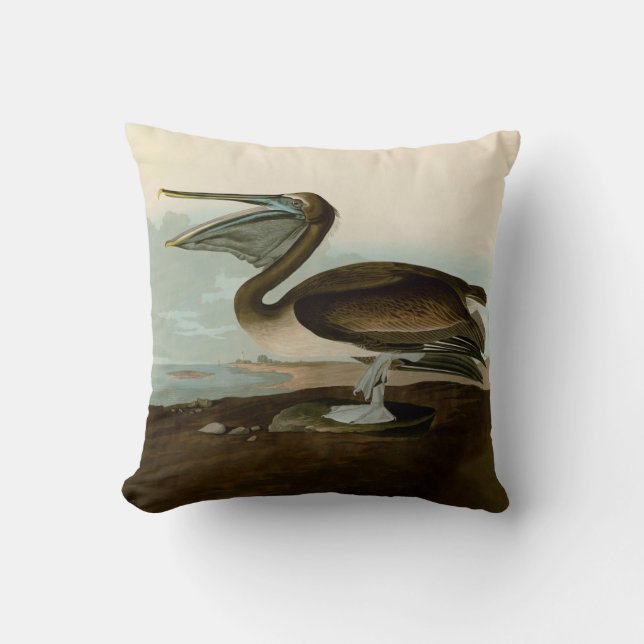 John James Audubon Brown Pelican Artwork Painting Throw Pillow (Front)