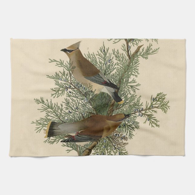 John James Audubon Cedar Waxwing Bird Print Kitchen Towel (Horizontal)