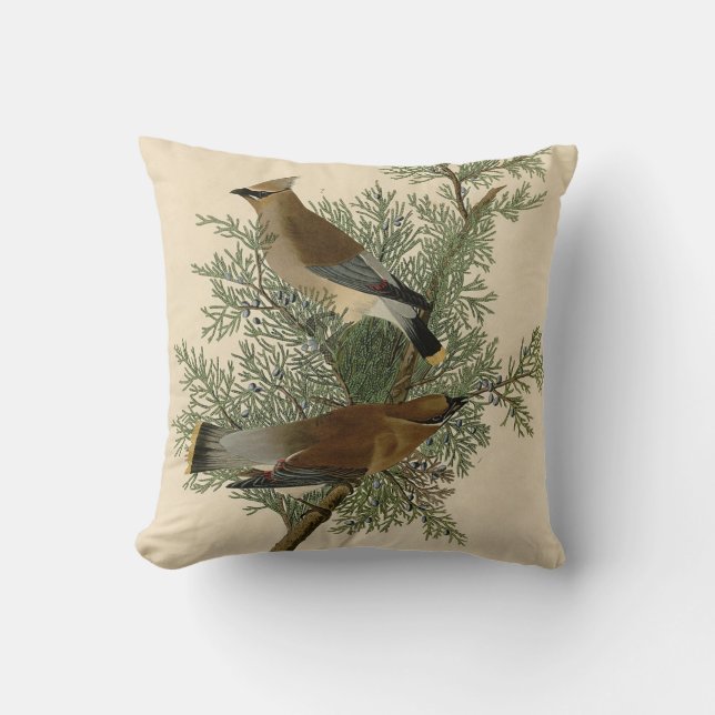 John James Audubon Cedar Waxwing Bird Print Throw Pillow (Front)