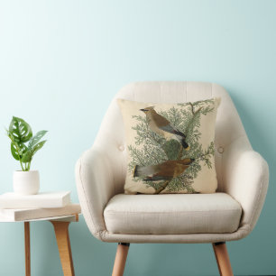 John James Audubon Cedar Waxwing Bird Print Throw Pillow