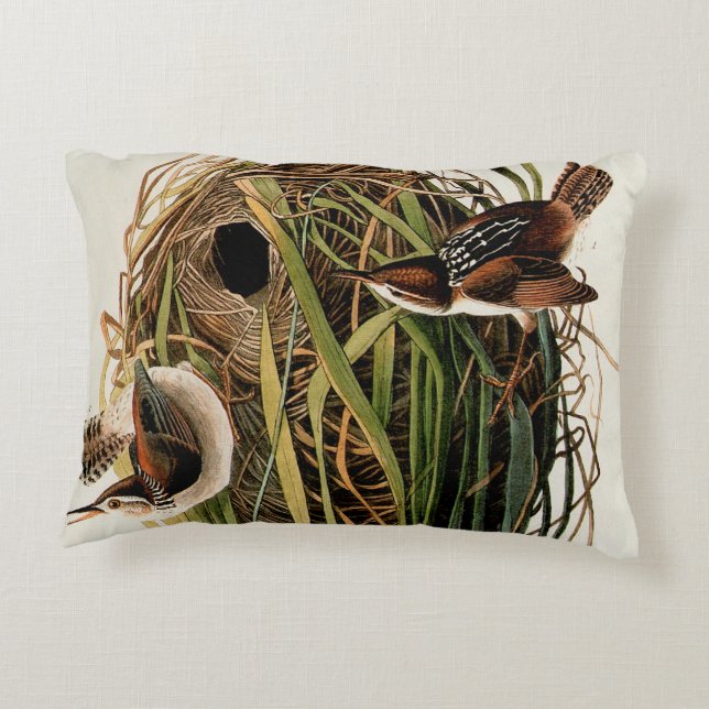John James Audubon Marsh Wren Bird Print Accent Pillow (Back)
