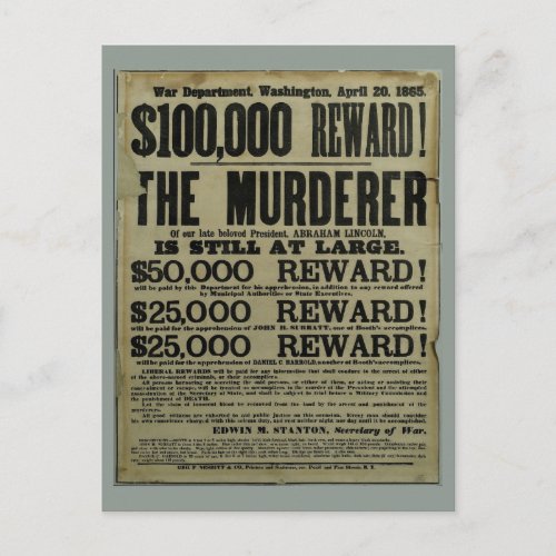 John Wilkes Booth Lincoln murder poster Postcard