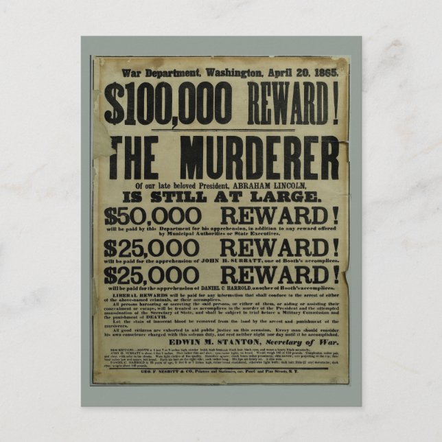 John Wilkes Booth Lincoln murder poster Postcard (Front)