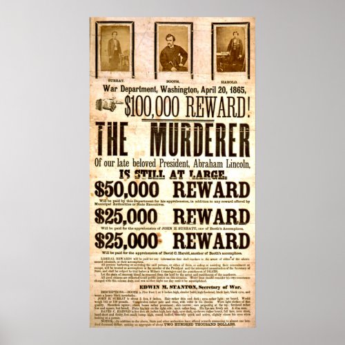 John Wilkes Booth Wanted For Assassination  Poster