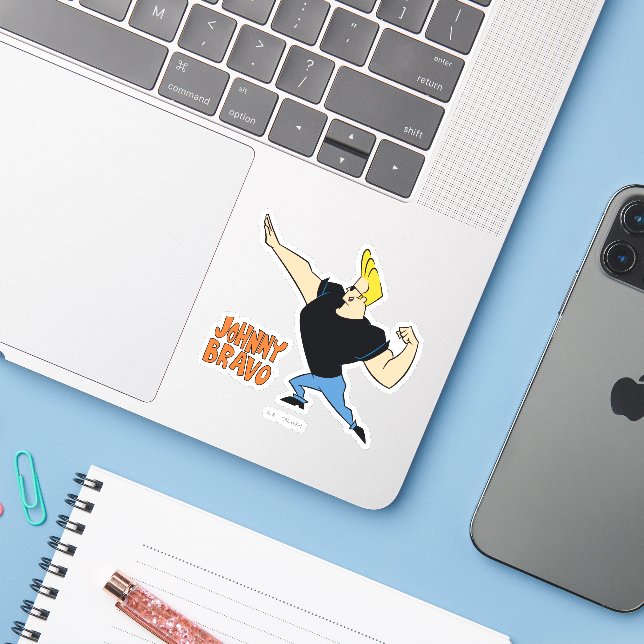 Johnny Bravo Flexing Sticker (Laptop w/ iPhone)