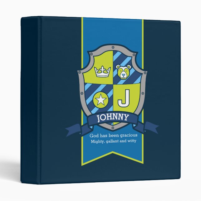 Johnny name meaning shield J letter green blue 3 Ring Binder (Front/Spine)