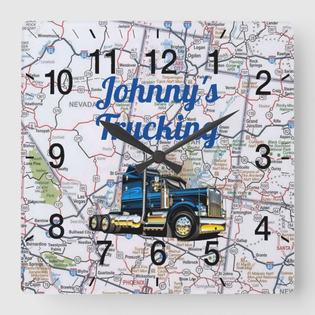 Johnny's Trucking Road Map Square Wall Clock (Front)