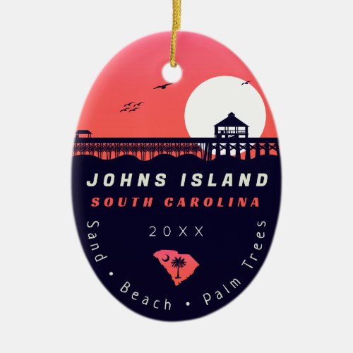 Johns Island Pier SC Retro Sunset Souvenirs 60s Ceramic Ornament