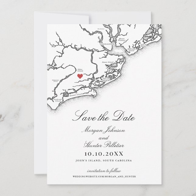 Johns Island SC Map Elegant Black White Wedding Save The Date (Front)