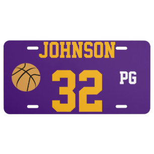 Johnson 32 Purple and Gold Basketball Template License Plate