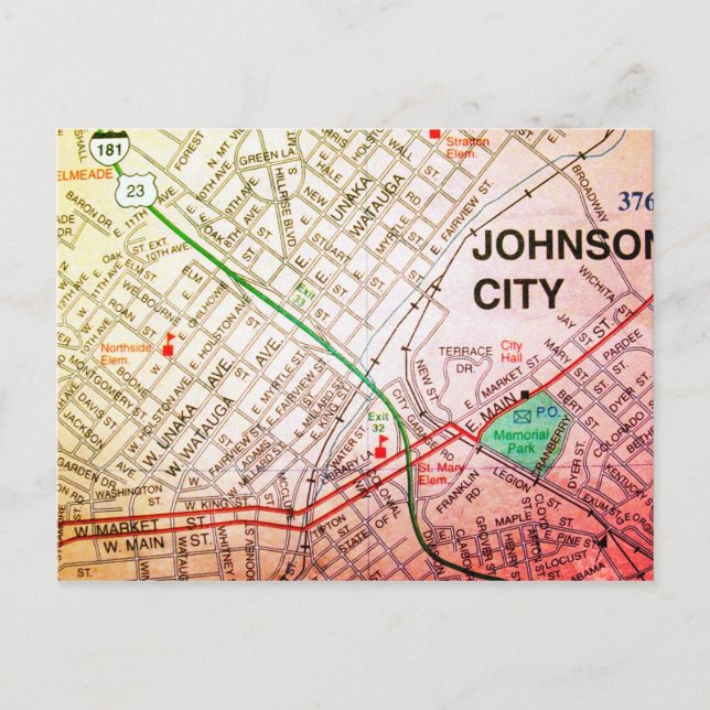 Johnson City, TN Vintage Map Postcard (Front)