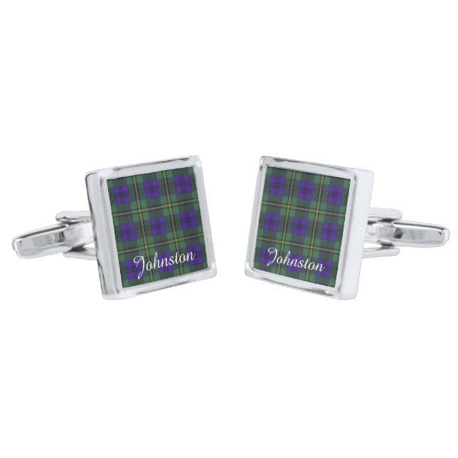 Johnston clan Plaid Scottish tartan Silver Cufflinks (Angled)