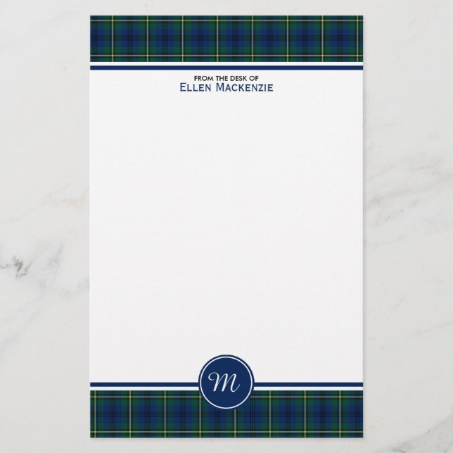 Johnston Clan Tartan Blue and Green Plaid Monogram Stationery (Front)