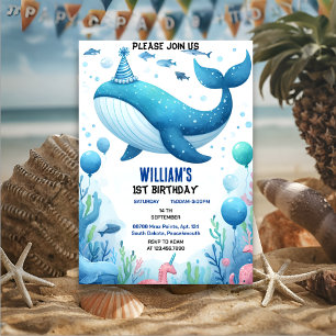 Join cool fish sea blue whale shark 1st Birthday Invitation