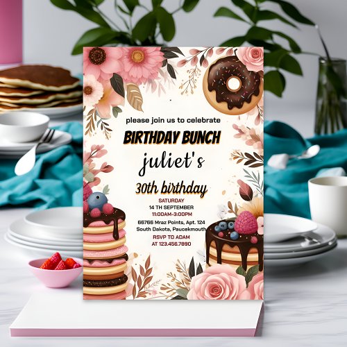 Join Donut pancake adult pink Brunch 30th Birthday Invitation
