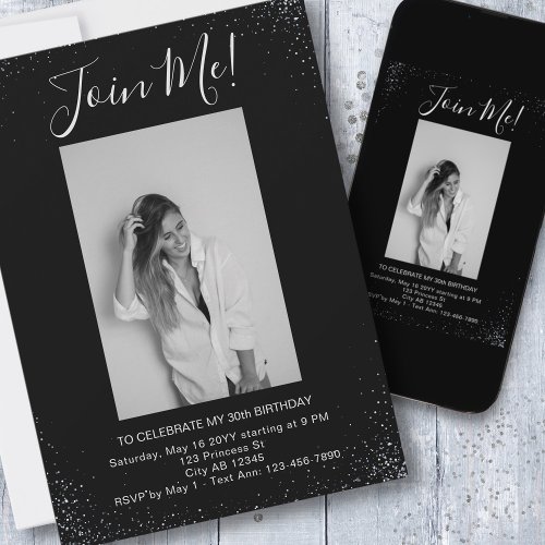 Join Me for My Birthday Silver and Black Theme Invitation