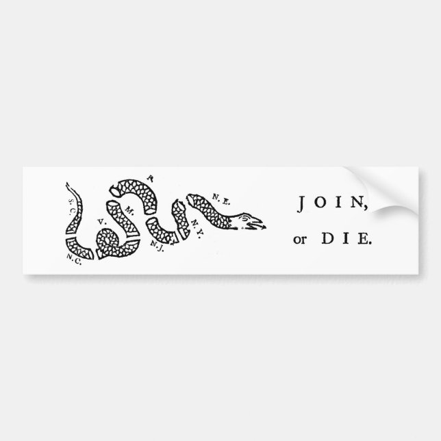 Join, or Die black-on-white bumper sticker (Front)