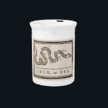 Join or Die Franklin Rattlesnake Political Cartoon Beverage Pitcher<br><div class="desc">The 'Join,  or Die' flag shows a timber rattlesnake,  chopped into eight pieces,  each piece signifying one of the existing colonies. The snake is dead,  and the image implies that the Thirteen Colonies,  too,  would die if they didn't unite to face the French and Indian War.</div>