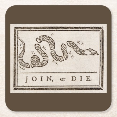 Join or Die Franklin Rattlesnake Political Cartoon Square Paper Coaster